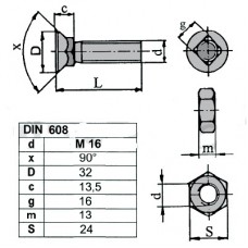 VIJAK LEMEŽA M16x40  4-kotni